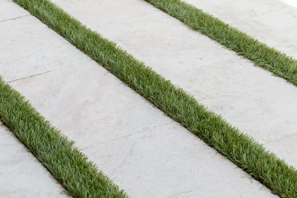 Green grass strips between pale paving slabs
