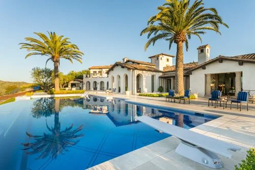 Palm reflections in blue tiled infinity pool