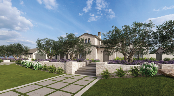 Tustin 3D rendering of a stone entry path, broad steps, raised planters and trees in front of a residence