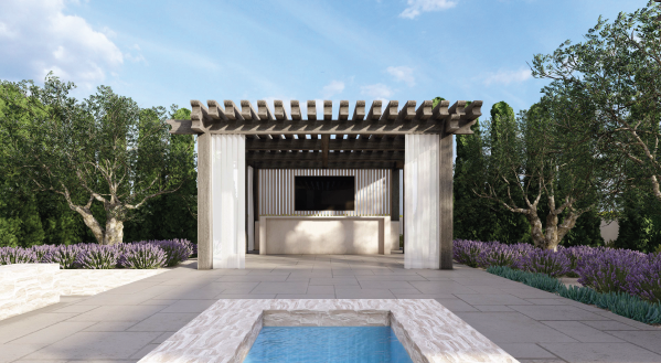 Tustin 3D rendering looking across a water feature toward a pergola and outdoor gathering space