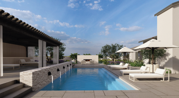 Tustin 3D rendering of a rectangular pool, raised water-feature wall, lounge chairs and shaded seating
