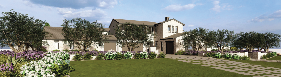 Panoramic Tustin 3D rendering of the residence, arrival court, lawn and layered planting