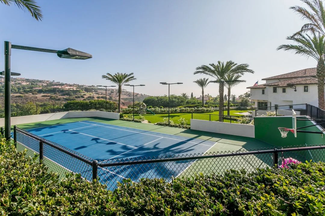Outdoor recreation court surrounded by planting and palms