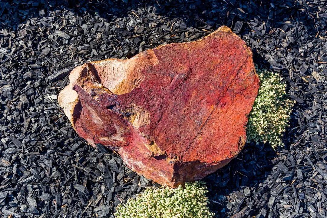 Decorative stone among dark landscape gravel